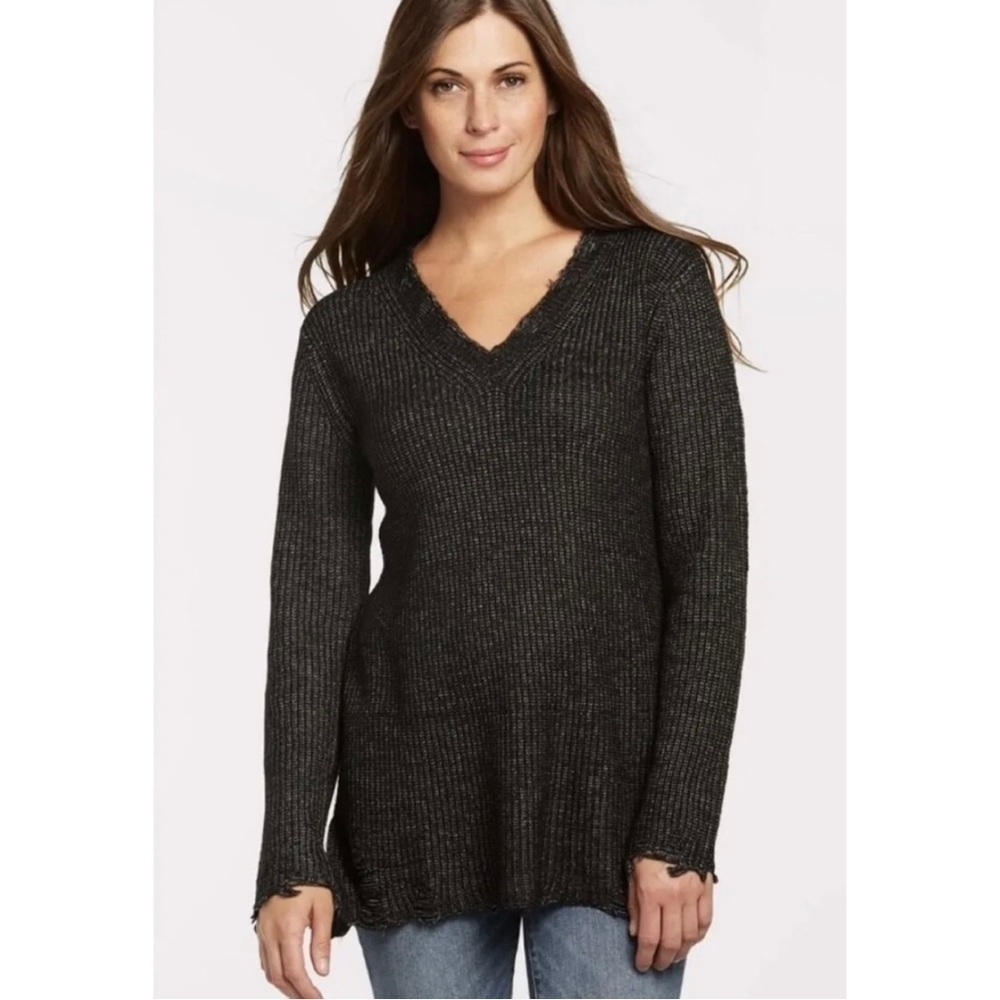 Stitches and Stripes Evereve Womens Sz XS Black Sloane Destructed Tunic Sweater